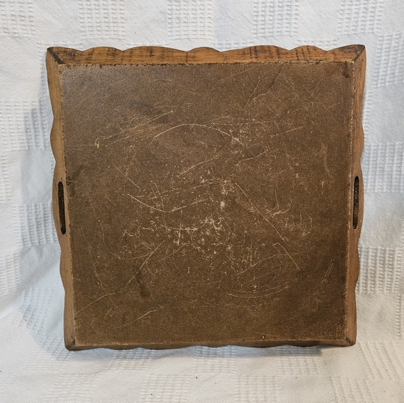 Wood Ceramic Tile Bowl Square Carved Fruit Centerpiece w/ Handles Circa 80's - Picture 11 of 11